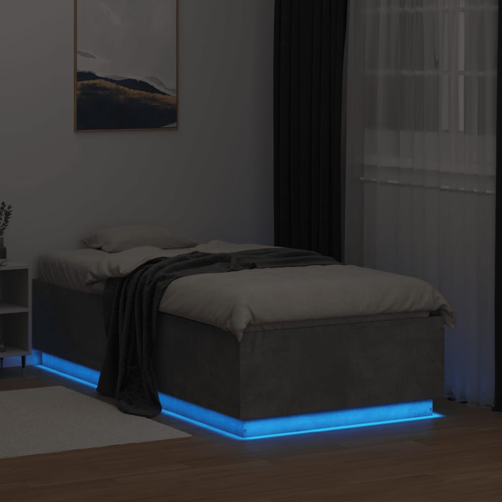 betonszürke szerelt fa ágykeret LED-del 75 x 190 cm