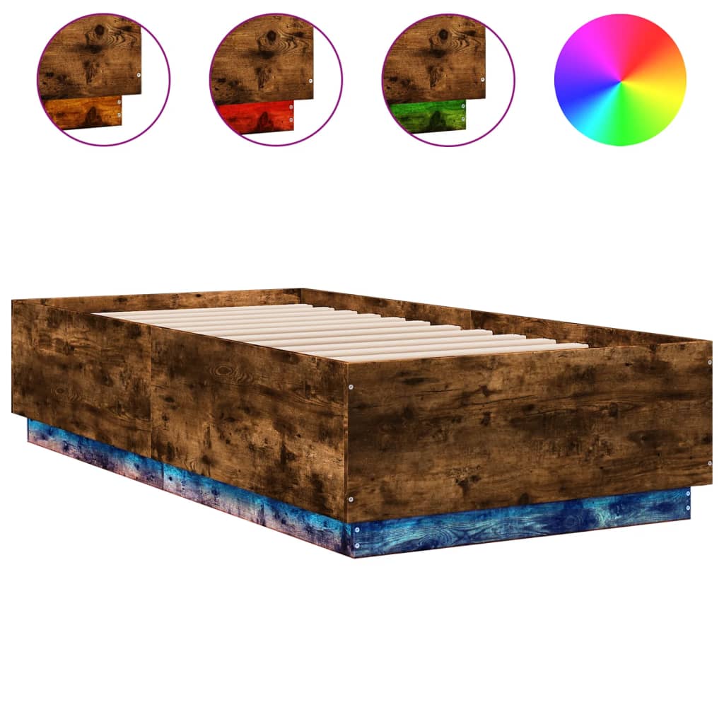 füstös tölgy színű szerelt fa ágykeret LED-del 75x190 cm