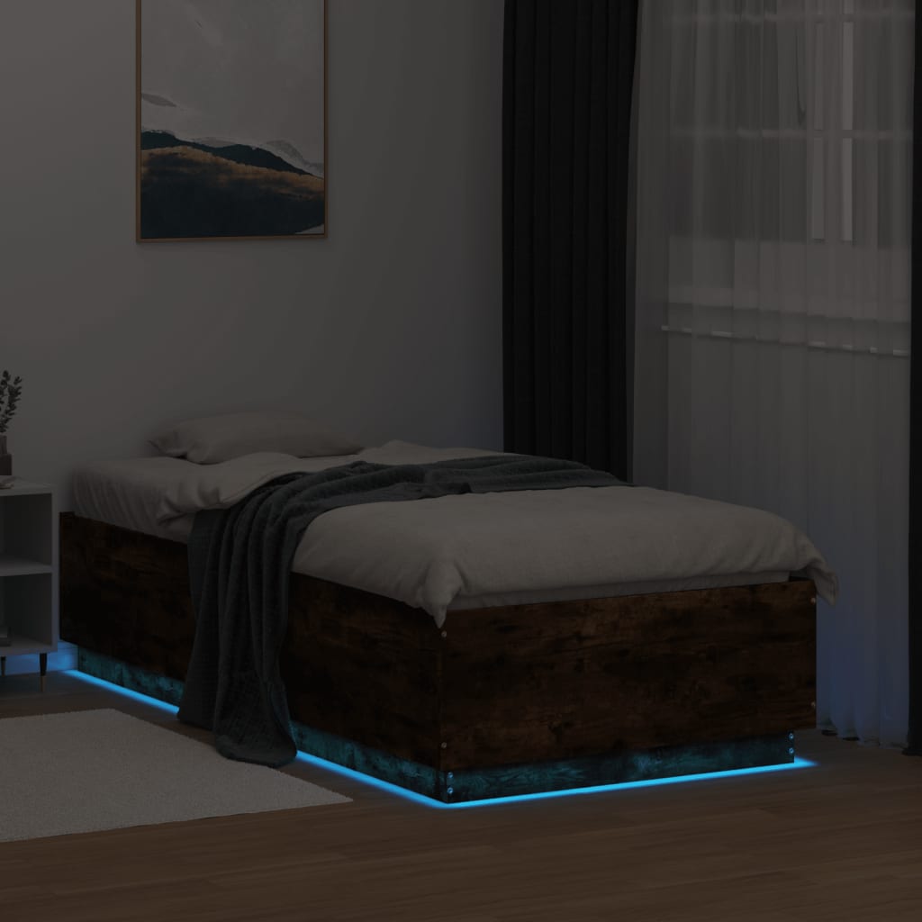 füstös tölgy színű szerelt fa ágykeret LED-del 75x190 cm
