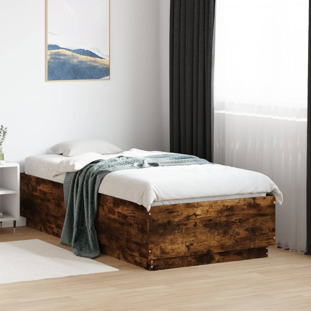 füstös tölgy színű szerelt fa ágykeret LED-del 75x190 cm