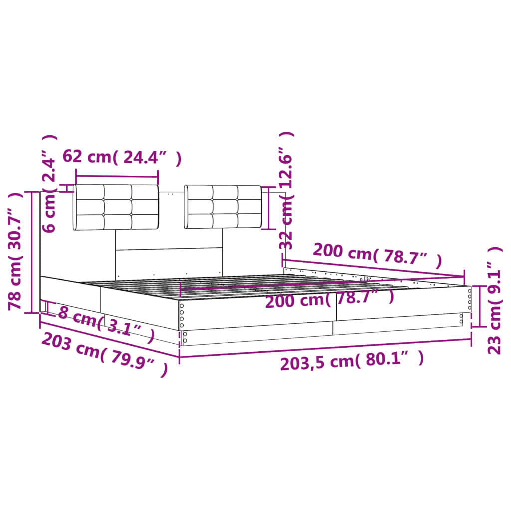 szürke sonoma színű szerelt fa ágykeret fejtámlával 200x200 cm