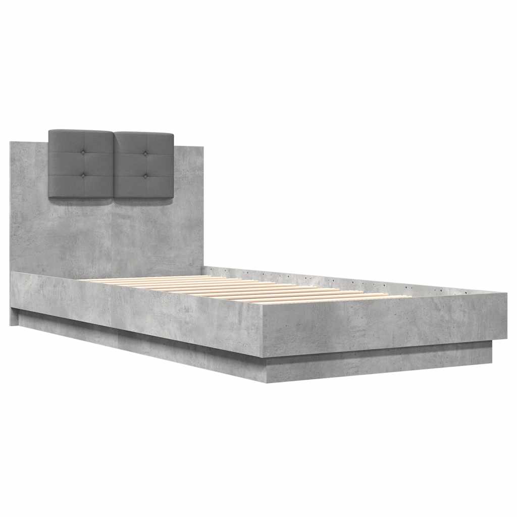 betonszürke szerelt fa ágykeret fejtámlával 90 x 200 cm