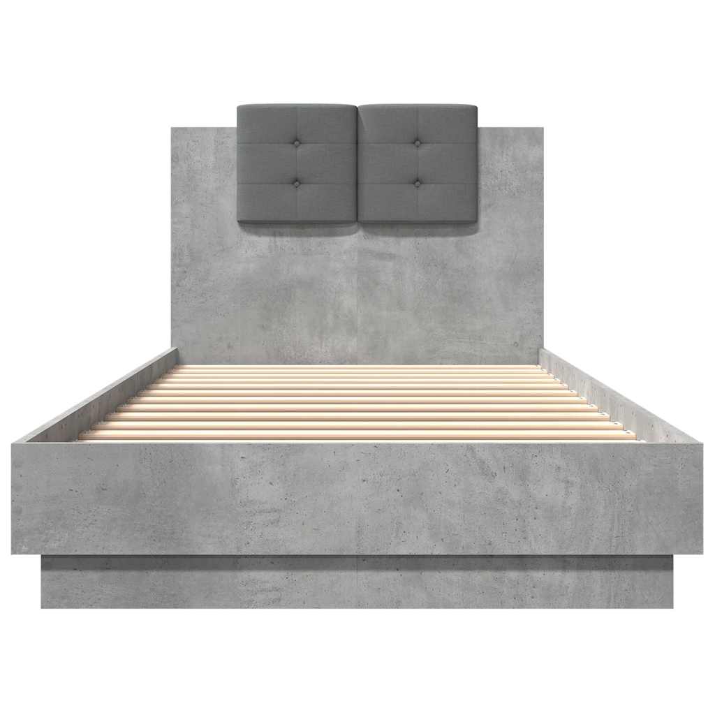 betonszürke szerelt fa ágykeret fejtámlával 90 x 200 cm