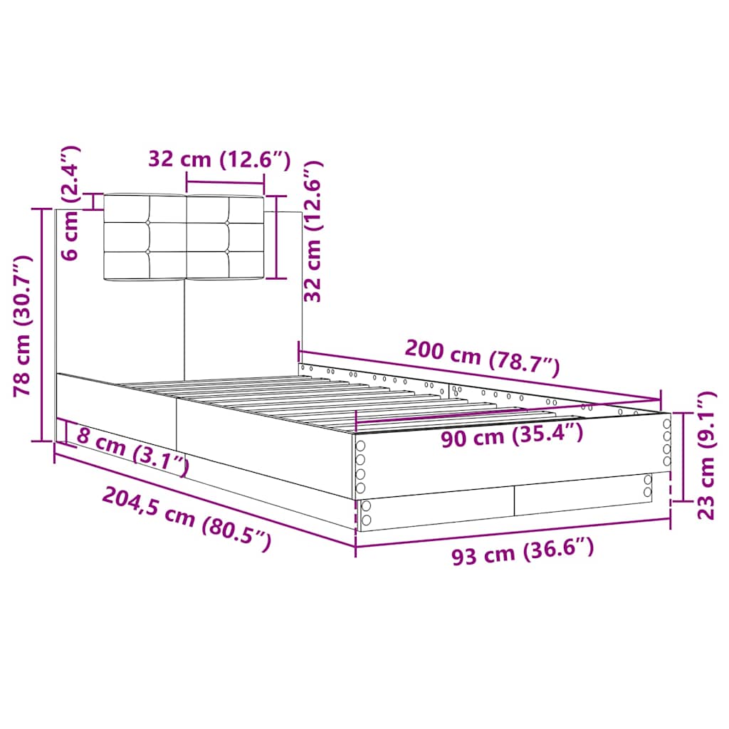 betonszürke szerelt fa ágykeret fejtámlával 90 x 200 cm