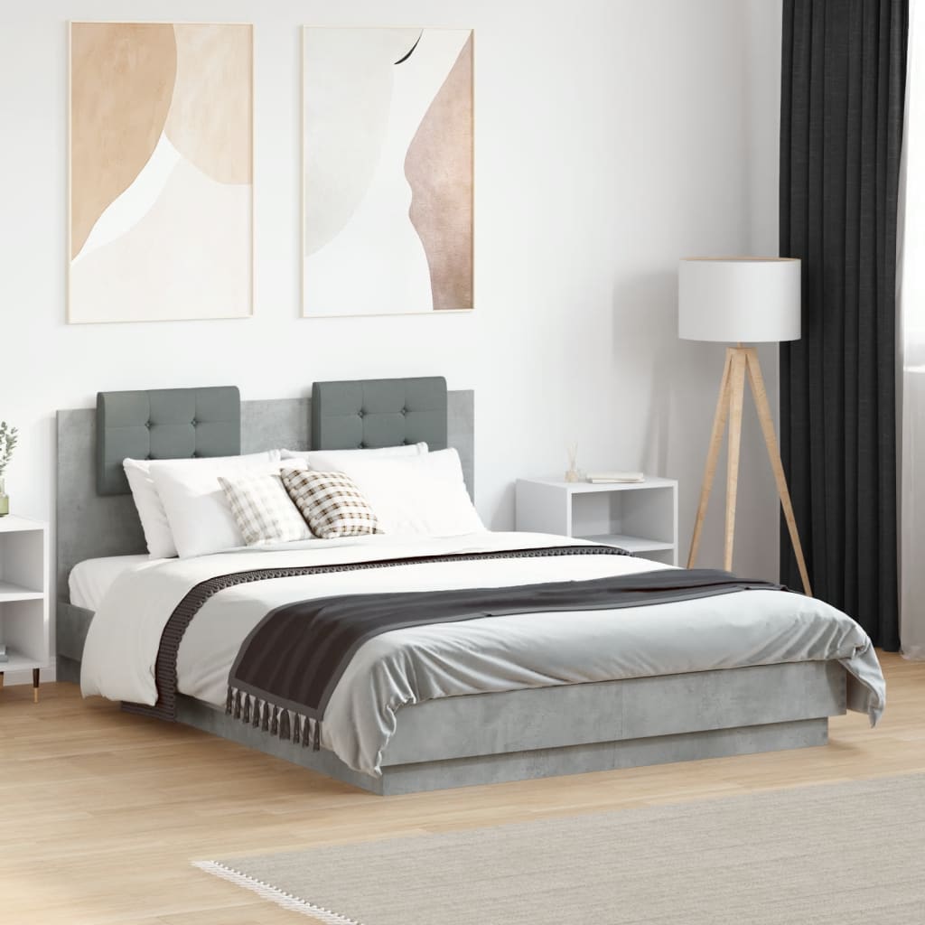 betonszürke szerelt fa ágykeret fejtámlával 135x190 cm
