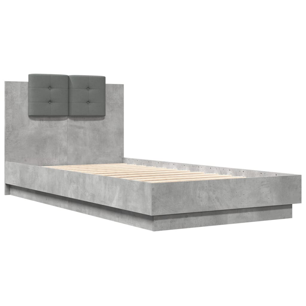 betonszürke szerelt fa ágykeret fejtámlával 90 x 190 cm