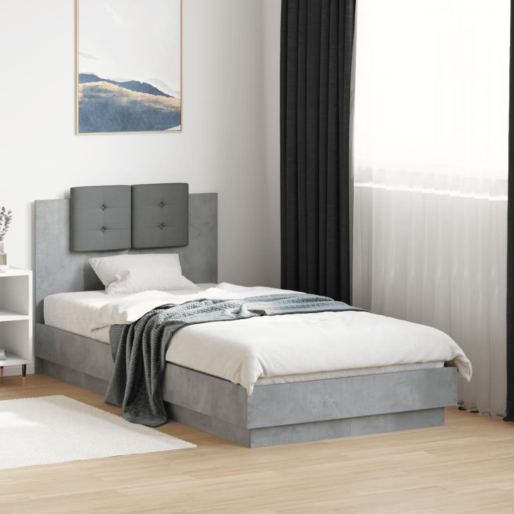 betonszürke szerelt fa ágykeret fejtámlával 90 x 190 cm