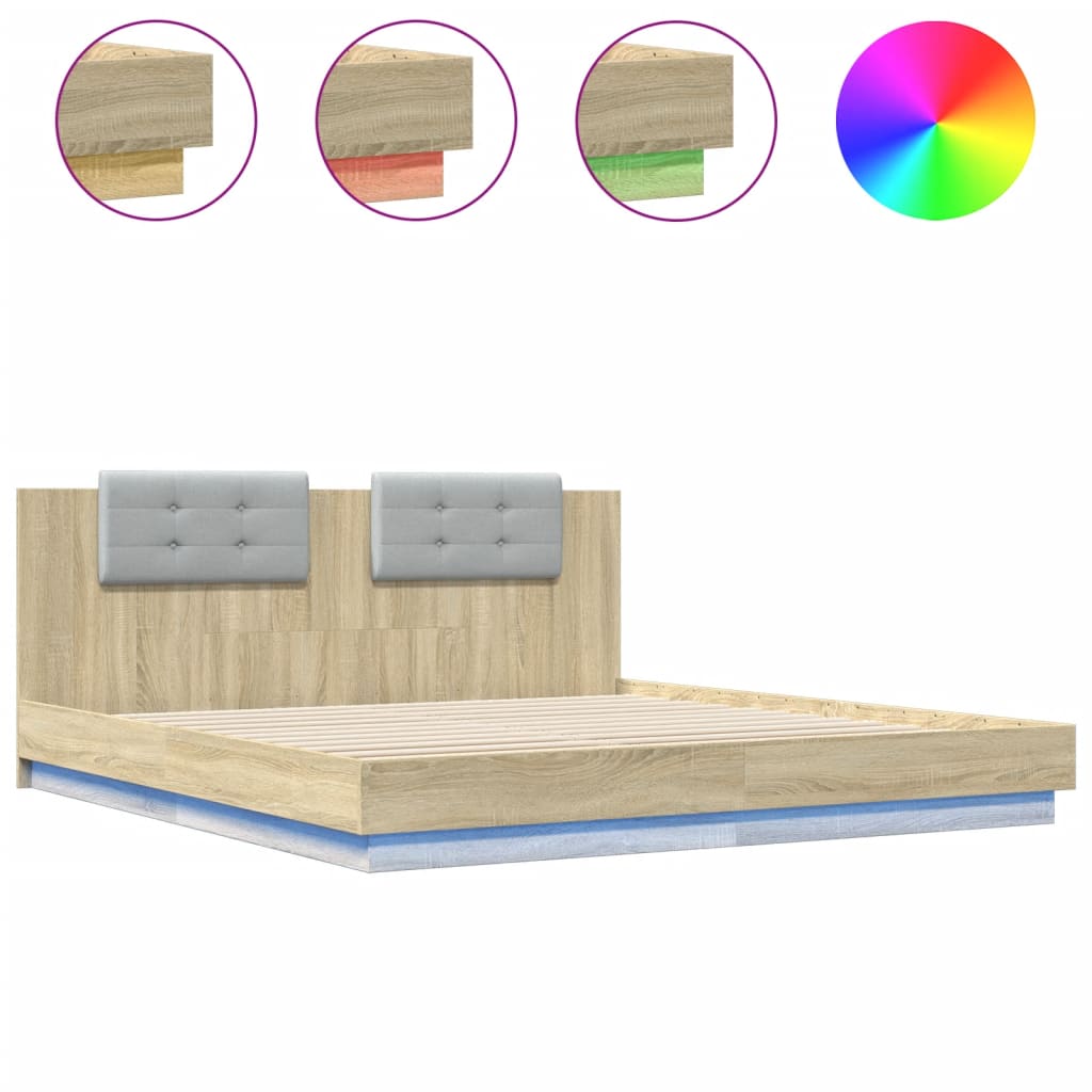 sonoma tölgy színű ágykeret fejtámlával és LED-ekkel 200x200 cm