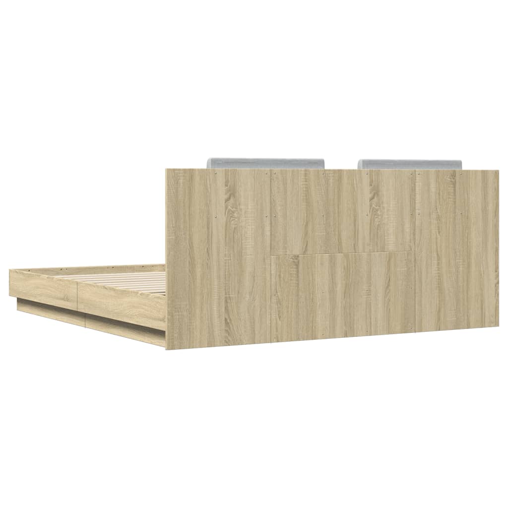 sonoma tölgy színű ágykeret fejtámlával és LED-ekkel 200x200 cm