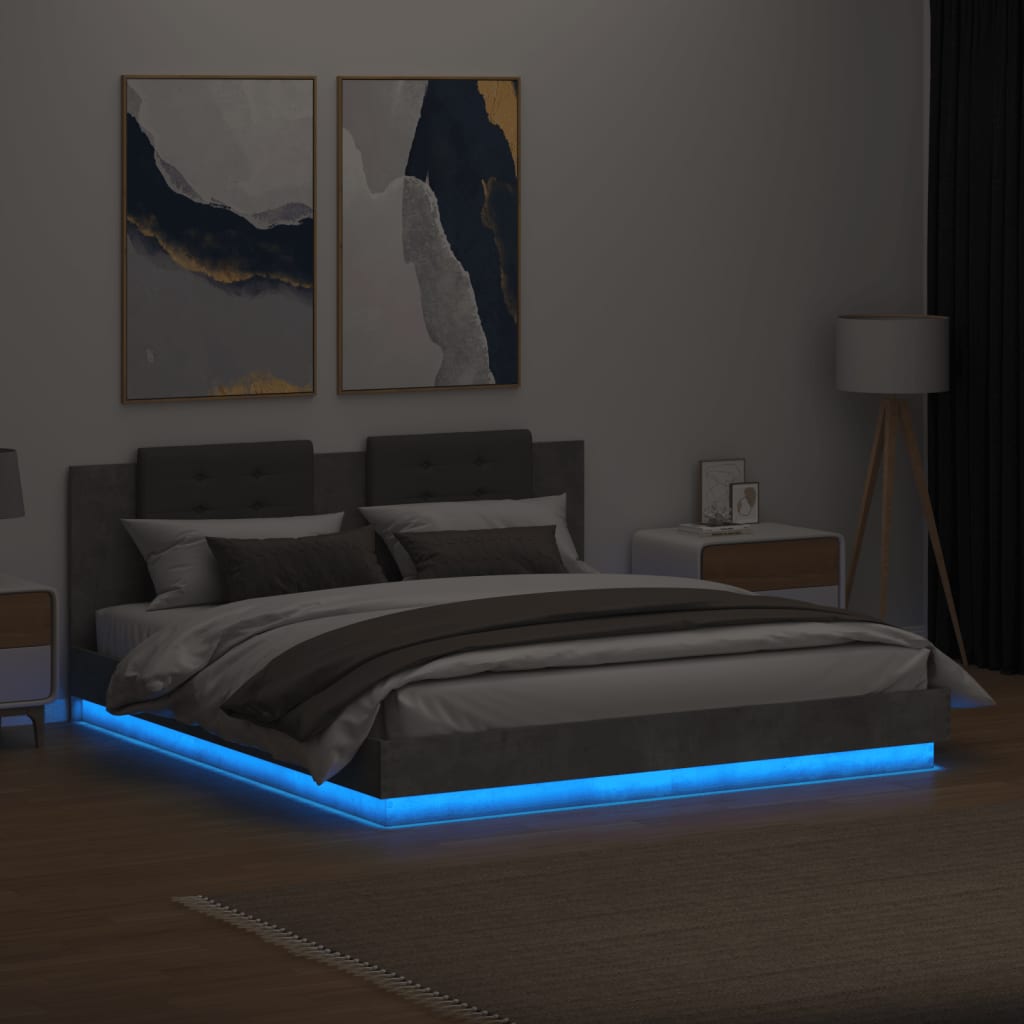 betonszürke ágykeret fejtámlával és LED-világítással 200x200 cm