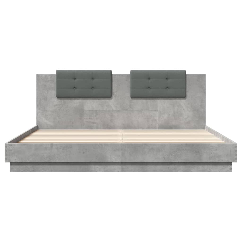 betonszürke ágykeret fejtámlával és LED-világítással 200x200 cm