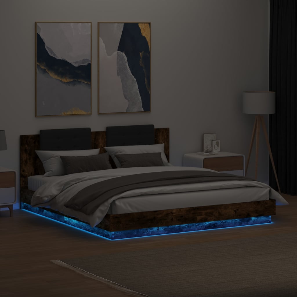 füstös tölgy színű ágykeret fejtámlával és LED-ekkel 200x200 cm
