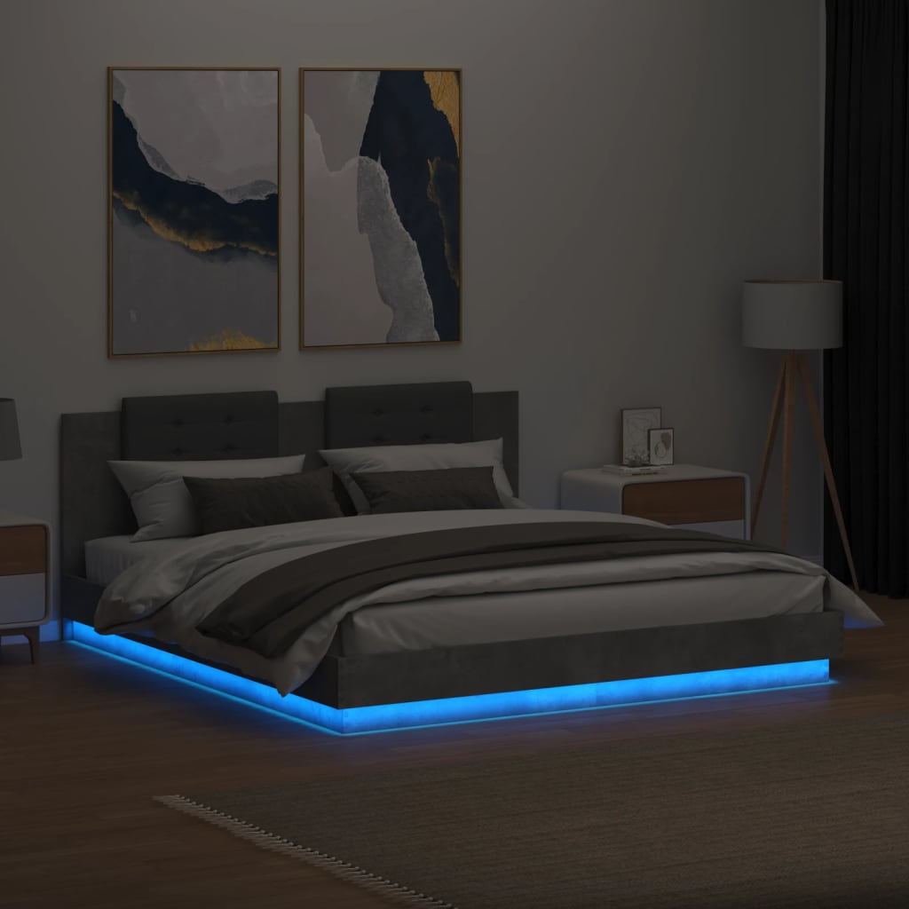 betonszürke ágykeret fejtámlával és LED-világítással 180x200 cm