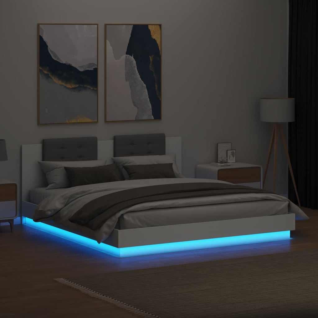 fehér ágykeret fejtámlával és LED-világítással 160 x 200 cm