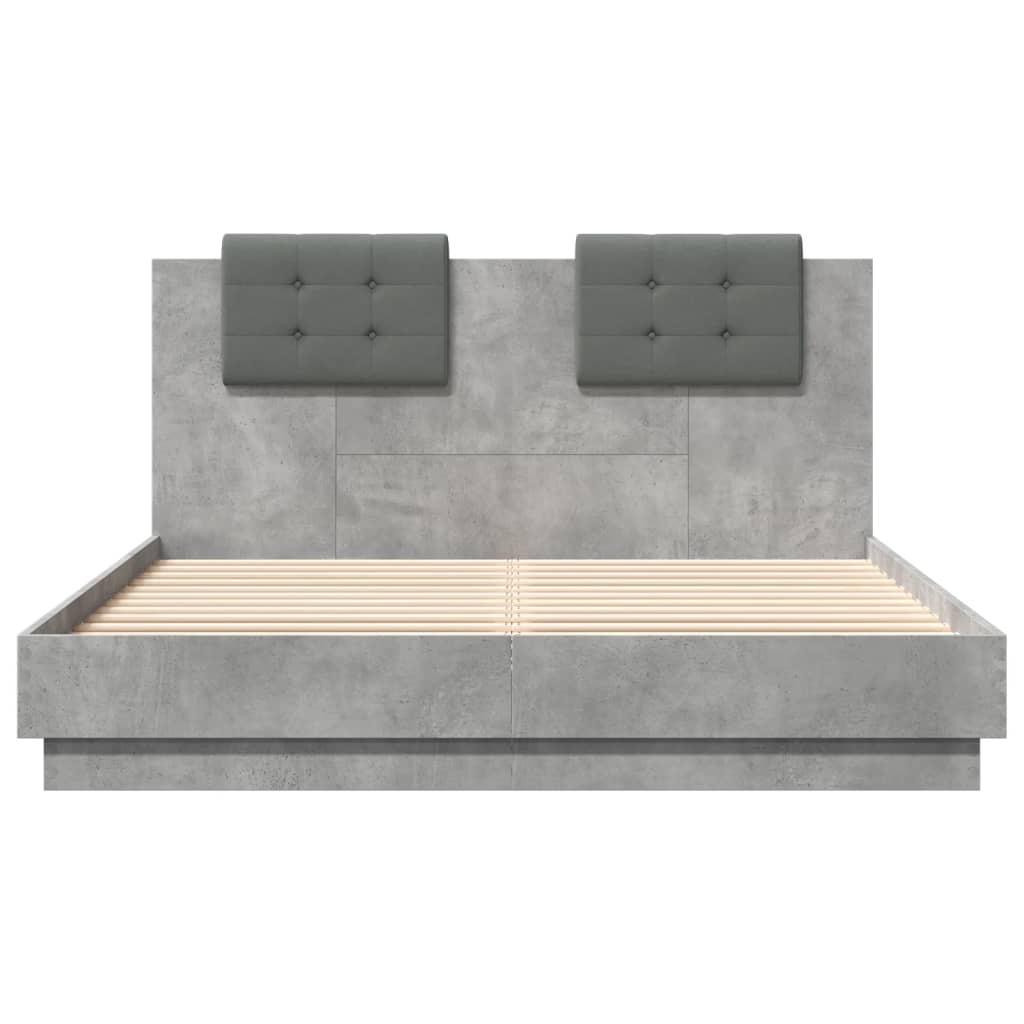 betonszürke ágykeret fejtámlával és LED-világítással 150x200 cm