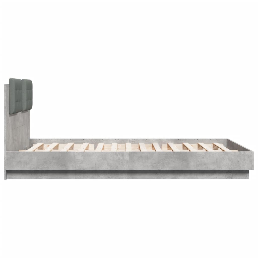 betonszürke ágykeret fejtámlával és LED-világítással 150x200 cm
