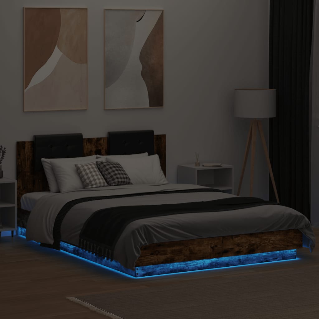 füstös tölgy színű ágykeret fejtámlával és LED-ekkel 120x200 cm