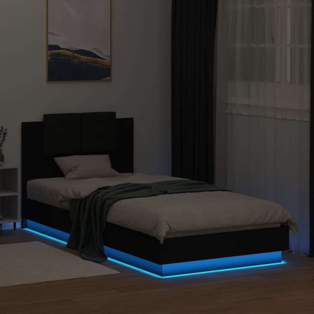 fekete ágykeret fejtámlával és LED-világítással 100 x 200 cm