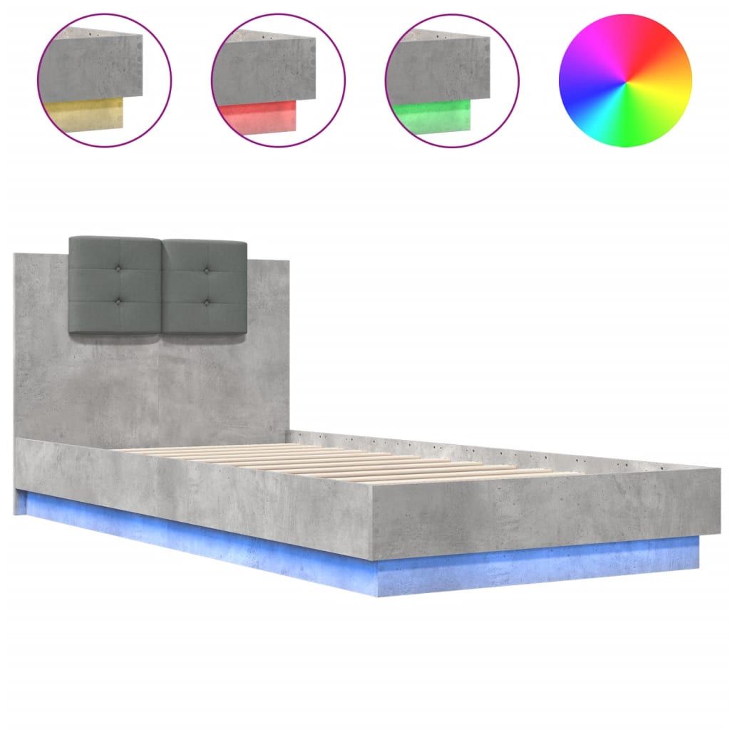 betonszürke ágykeret fejtámlával és LED-világítással 100x200 cm