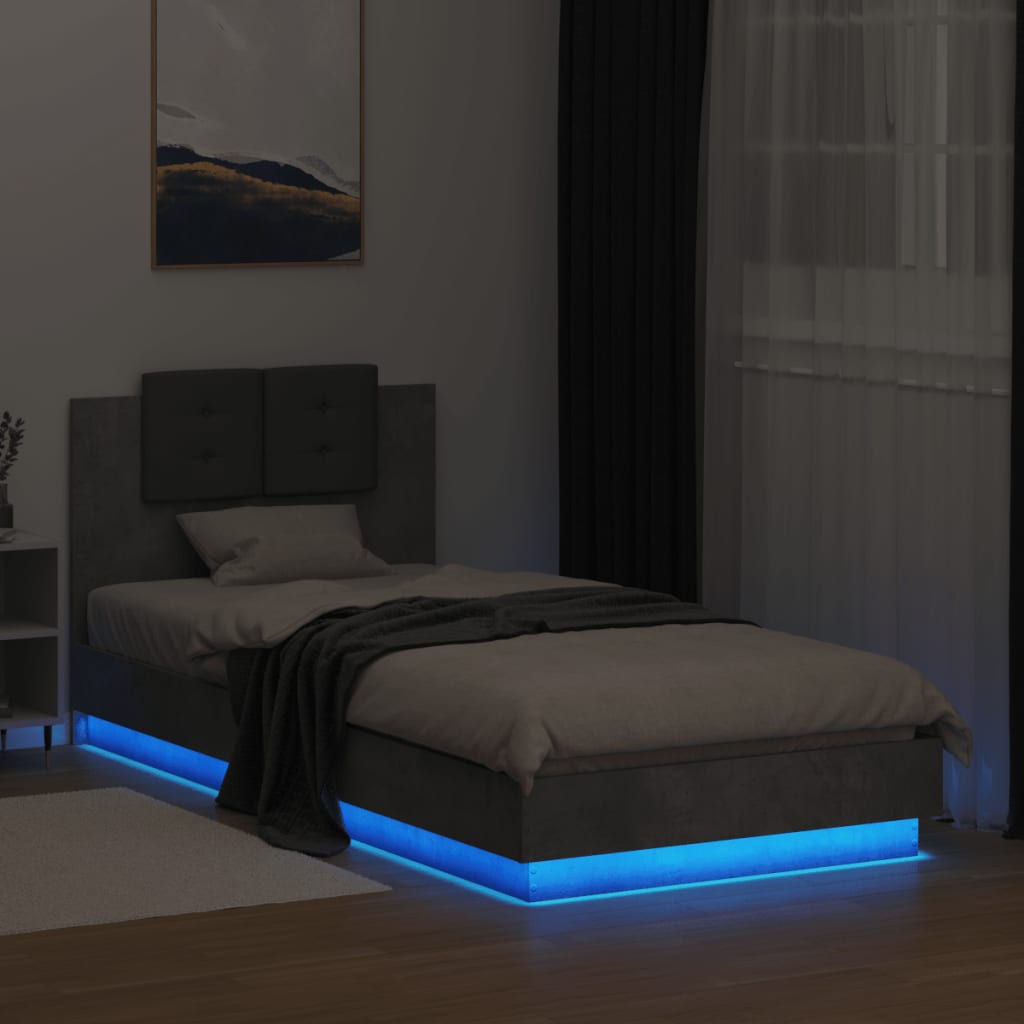 betonszürke ágykeret fejtámlával és LED-világítással 100x200 cm
