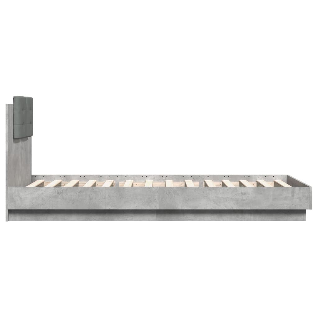 betonszürke ágykeret fejtámlával és LED-világítással 100x200 cm