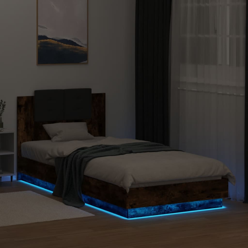 füstös tölgy színű ágykeret fejtámlával és LED-ekkel 100x200 cm