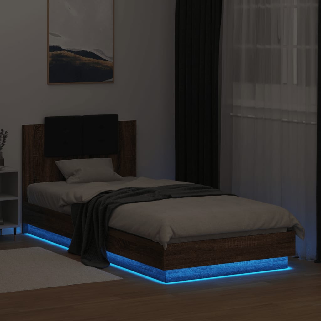 barna tölgy színű ágykeret fejtámlával és LED-ekkel 100x200 cm