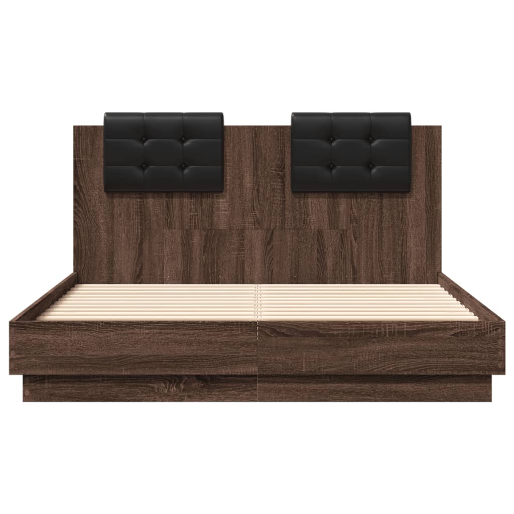 barna tölgy színű ágykeret fejtámlával és LED-ekkel 135x190 cm