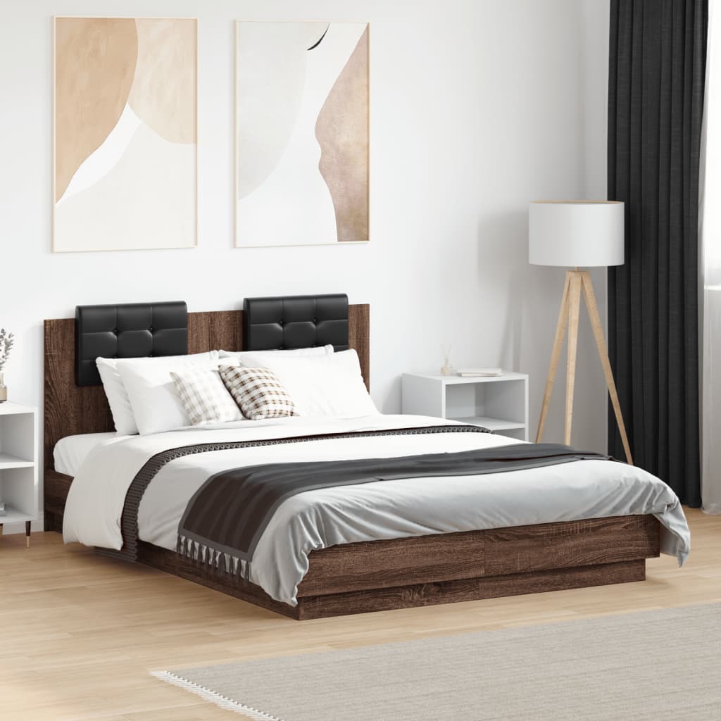 barna tölgy színű ágykeret fejtámlával és LED-ekkel 135x190 cm