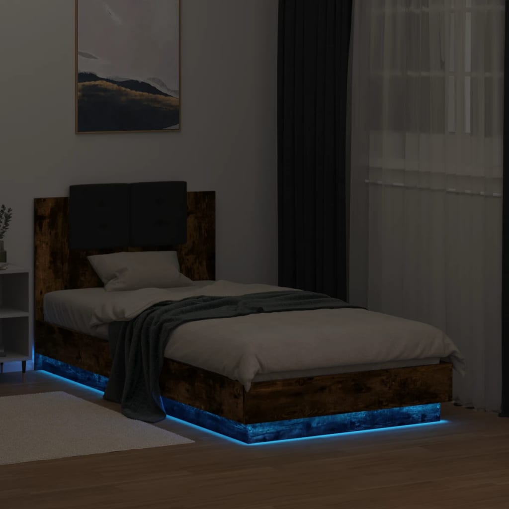 füstös tölgy színű ágykeret fejtámlával és LED-ekkel 90x190 cm