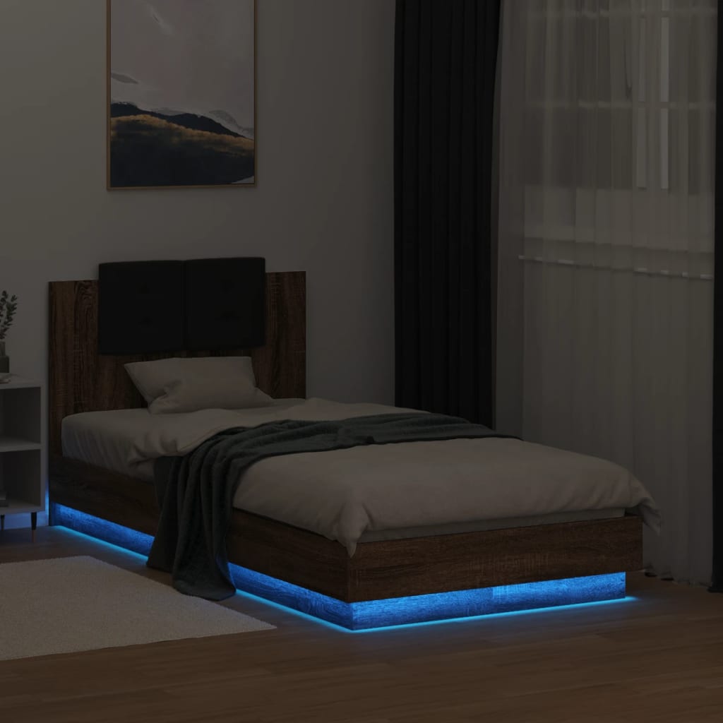 barna tölgy színű ágykeret fejtámlával és LED-ekkel 90 x 190 cm