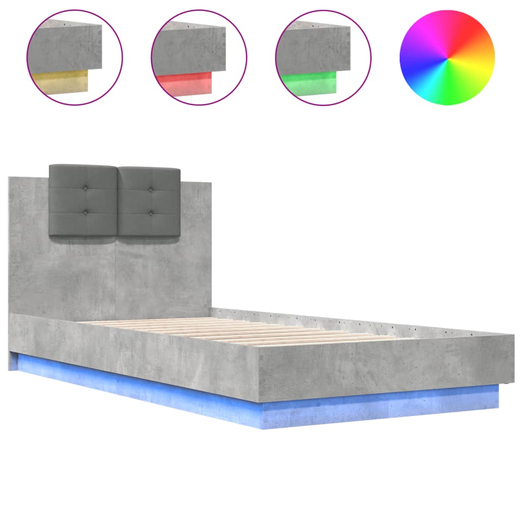 betonszürke ágykeret fejtámlával és LED-világítással 75x190 cm