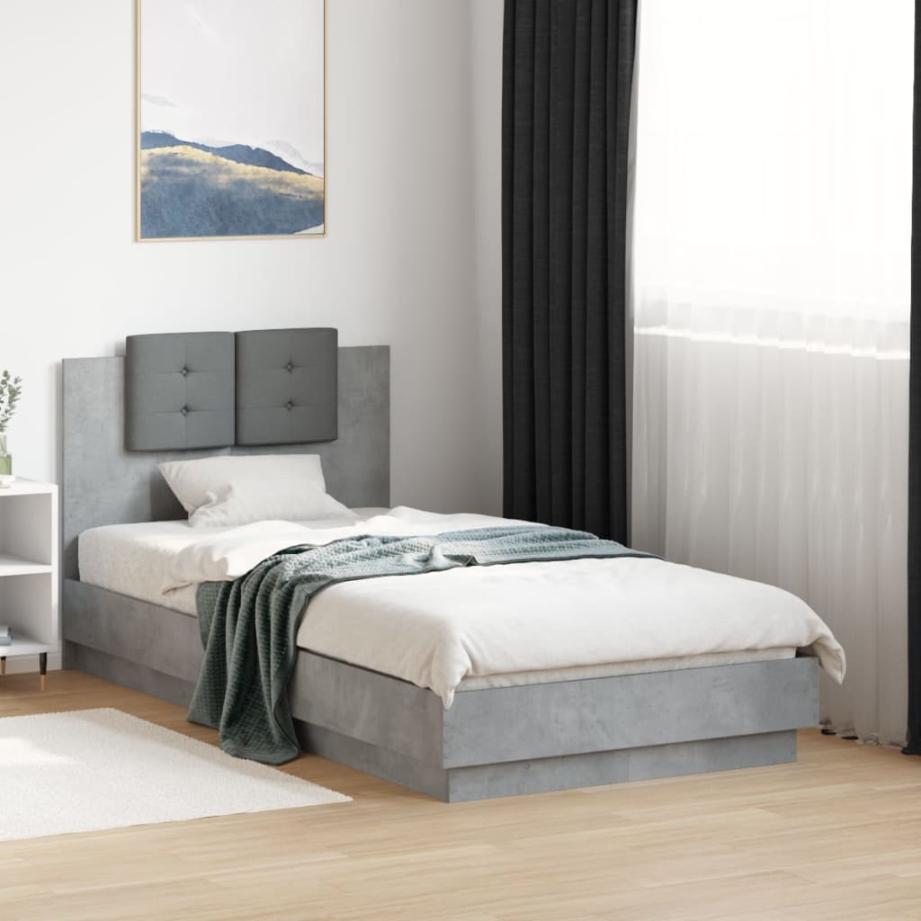 betonszürke ágykeret fejtámlával és LED-világítással 75x190 cm