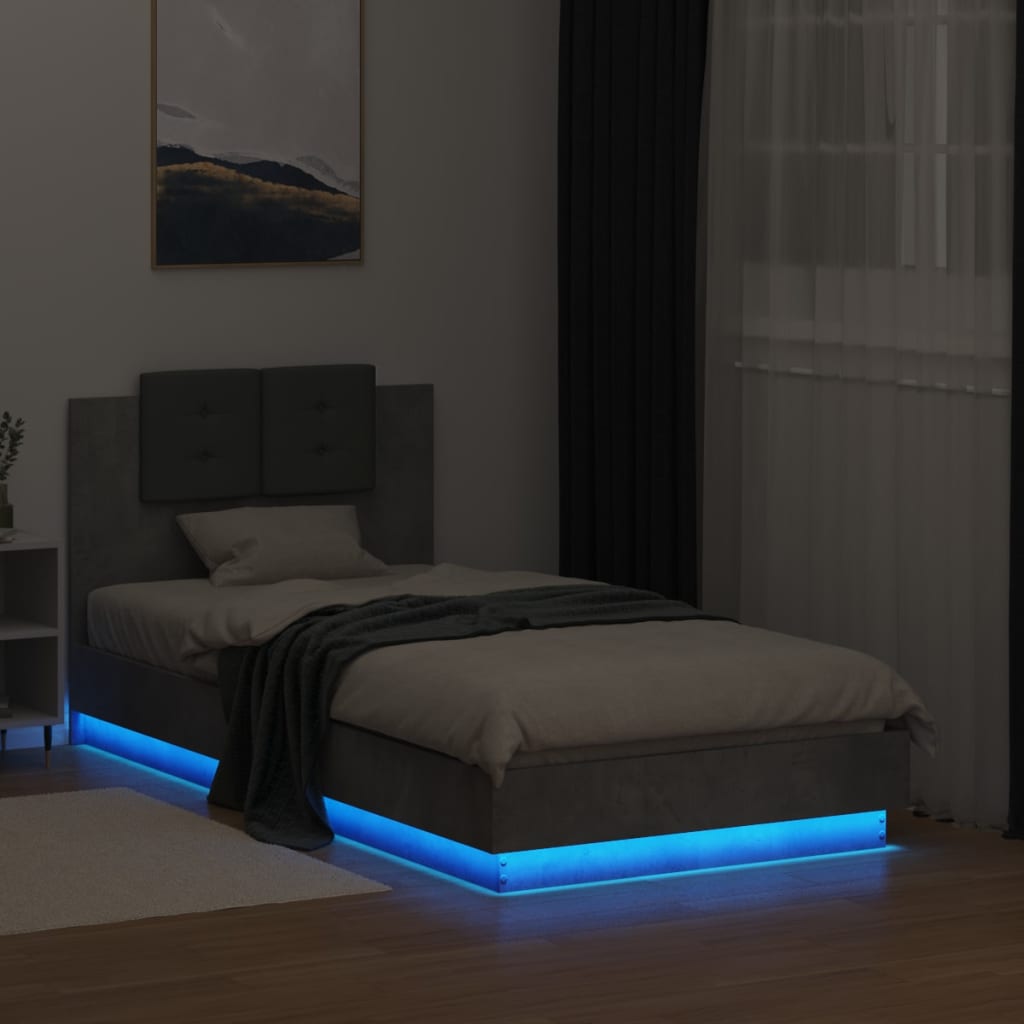 betonszürke ágykeret fejtámlával és LED-világítással 75x190 cm