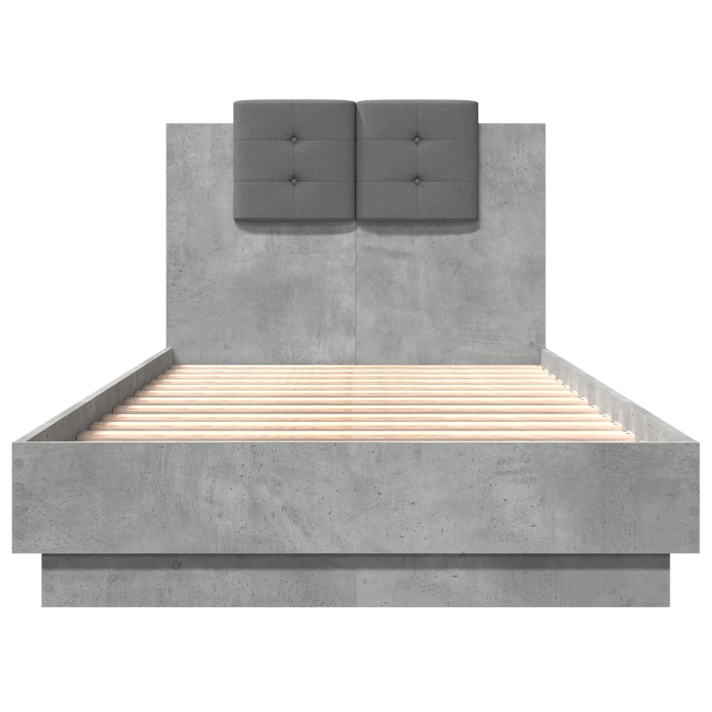 betonszürke ágykeret fejtámlával és LED-világítással 75x190 cm