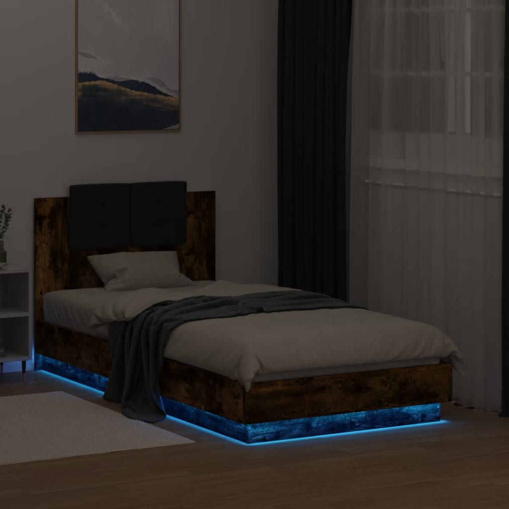 füstös tölgy színű ágykeret fejtámlával és LED-ekkel 75x190 cm