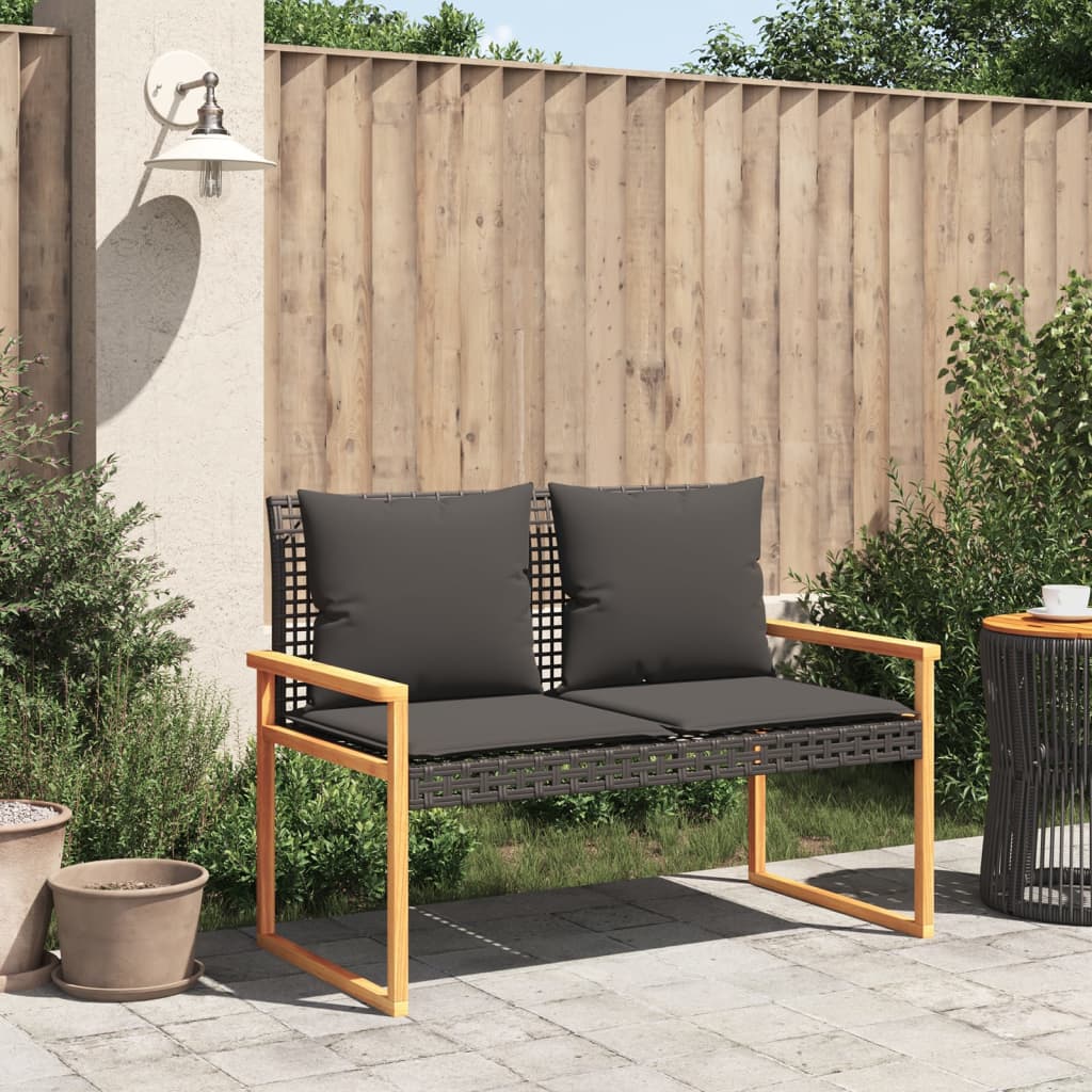 fekete polyrattan és akácfa kerti pad párnával