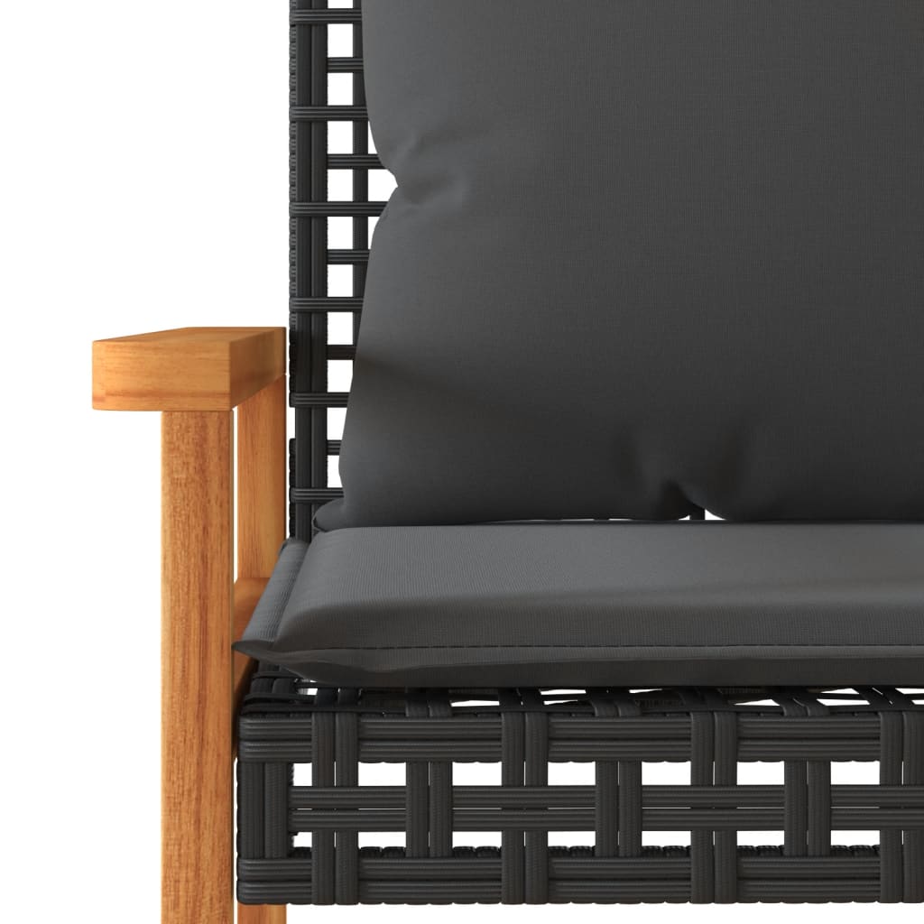 fekete polyrattan és akácfa kerti pad párnával