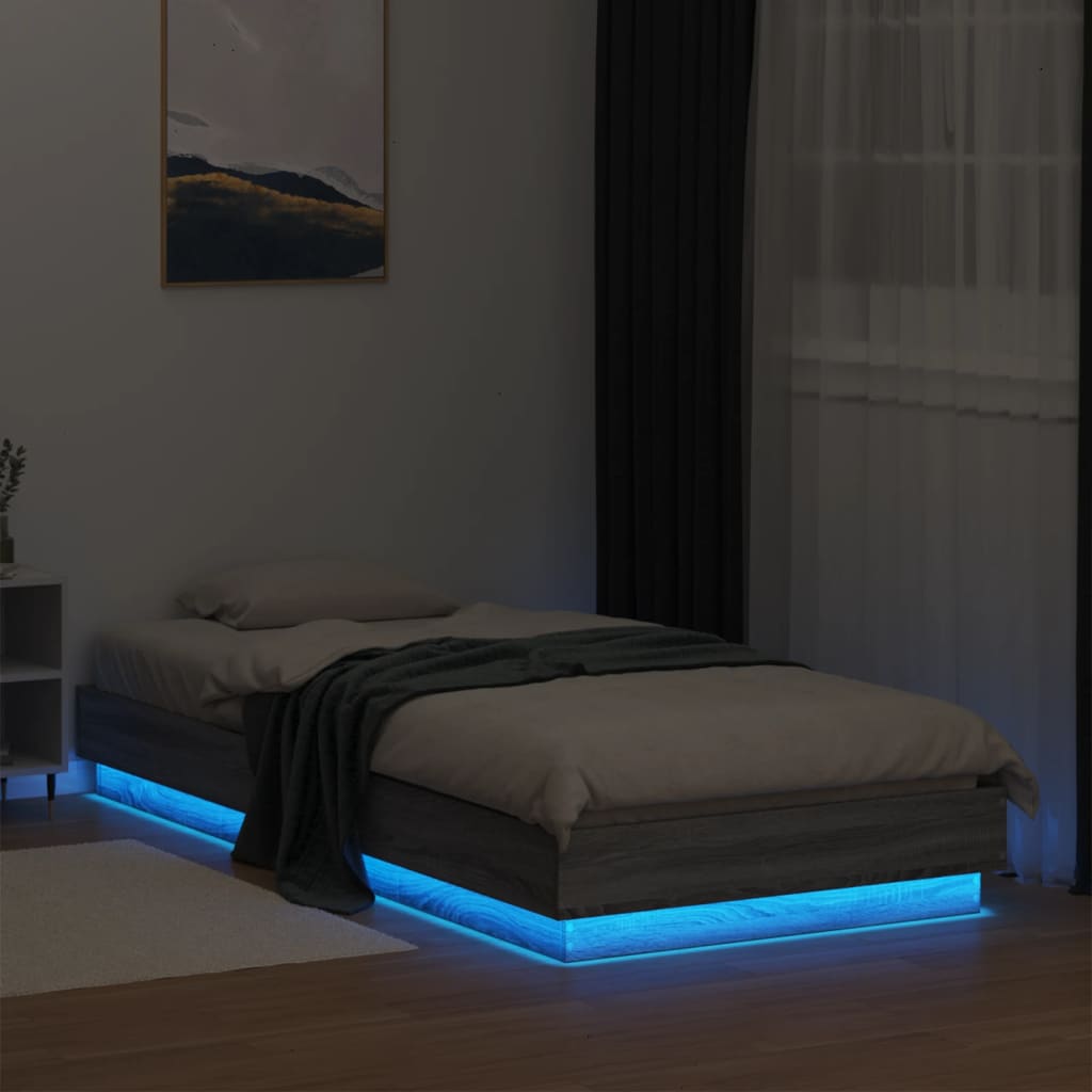 szürke sonoma ágykeret LED-világítással 100 x 200 cm
