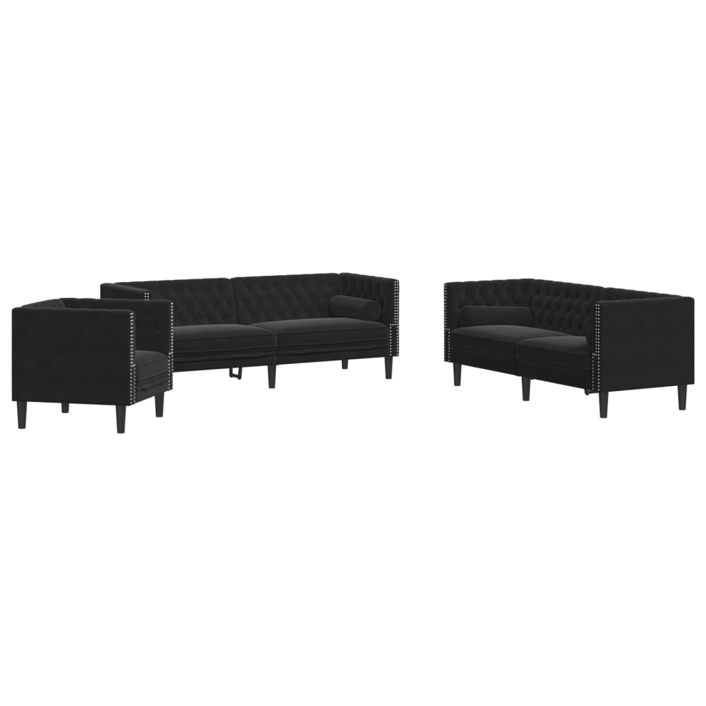 3 részes fekete bársony Chesterfield kanapészett párnákkal