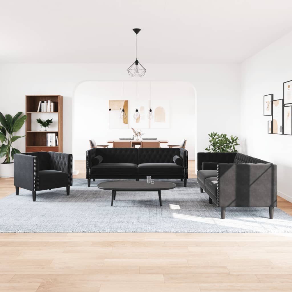 3 részes fekete bársony Chesterfield kanapészett párnákkal