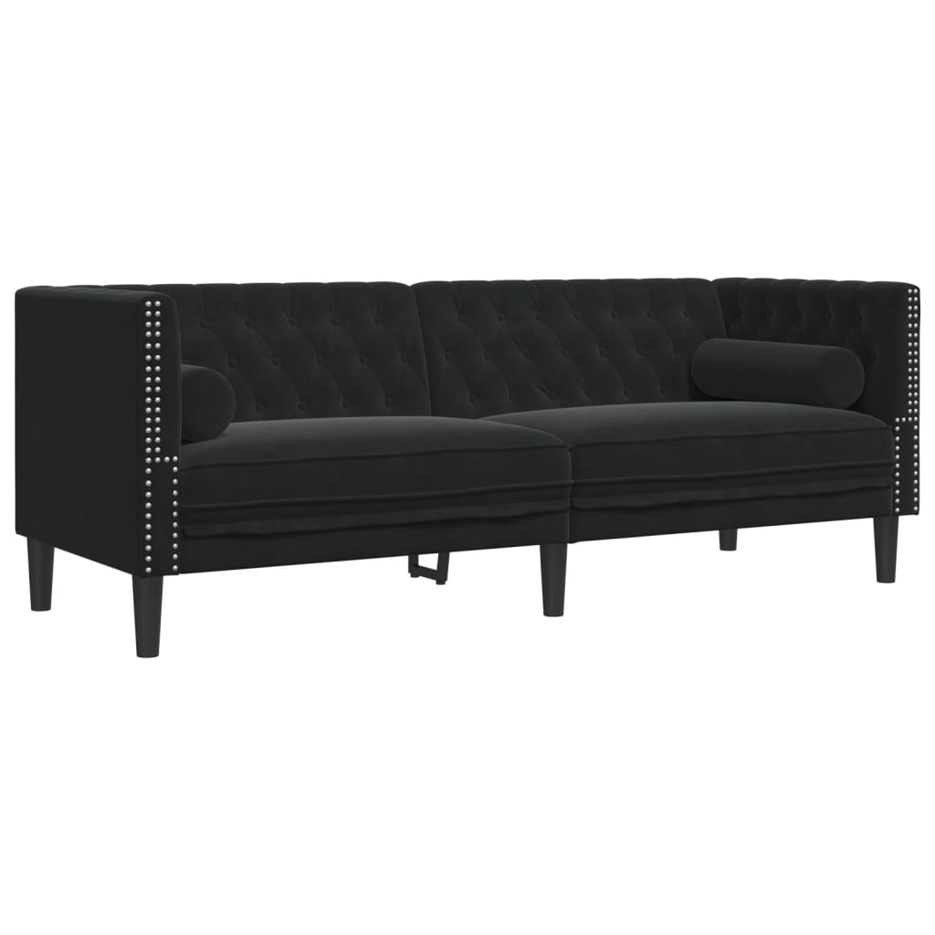 3 részes fekete bársony Chesterfield kanapészett párnákkal