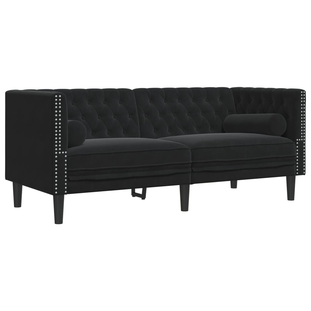 3 részes fekete bársony Chesterfield kanapészett párnákkal