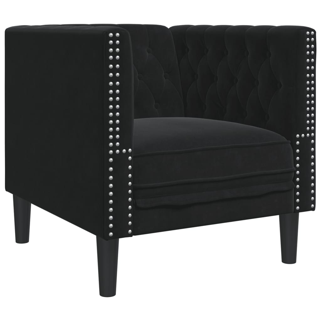 3 részes fekete bársony Chesterfield kanapészett párnákkal