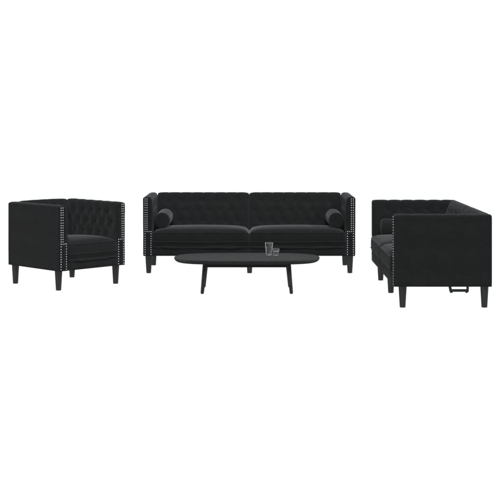 3 részes fekete bársony Chesterfield kanapészett párnákkal
