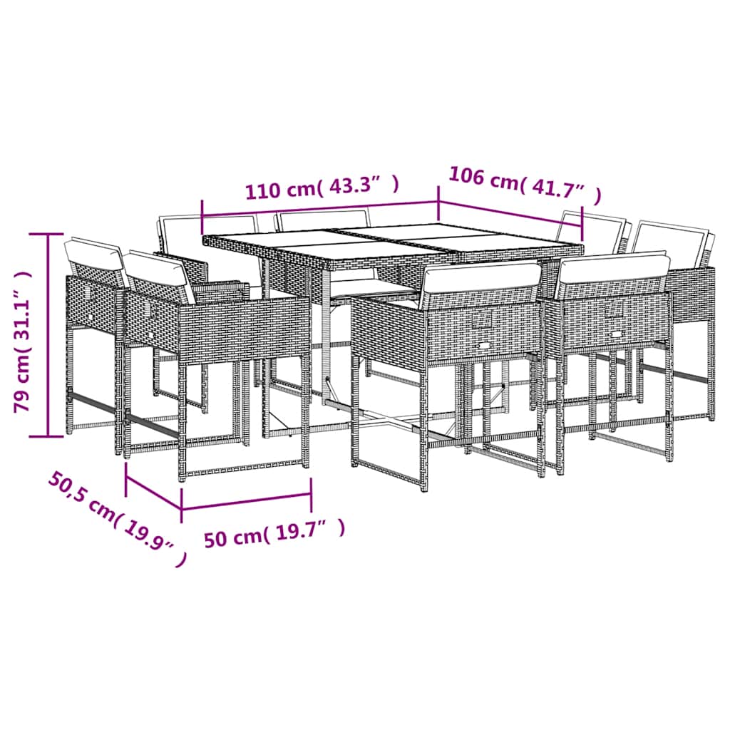 9részes világosszürke polyrattan kerti étkezőgarnitúra párnával