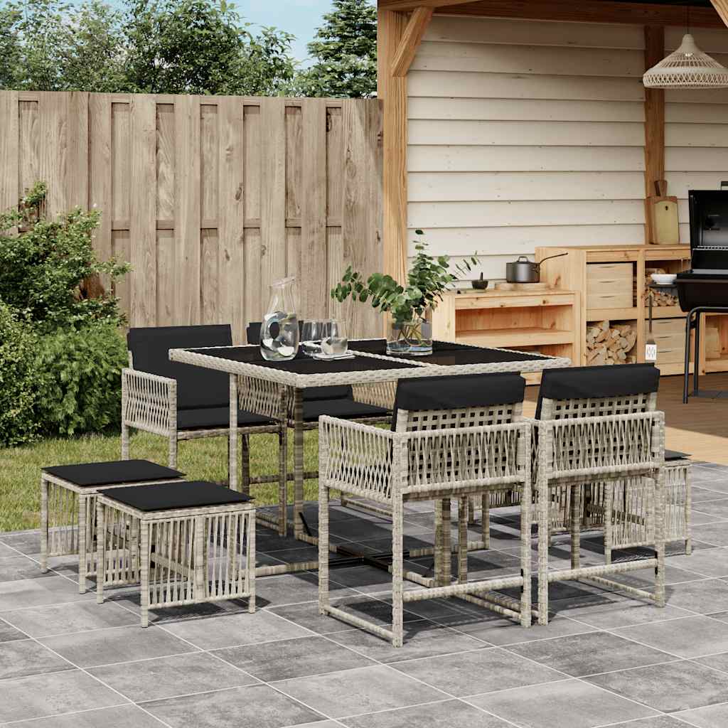 9részes világosszürke polyrattan kerti étkezőgarnitúra párnával