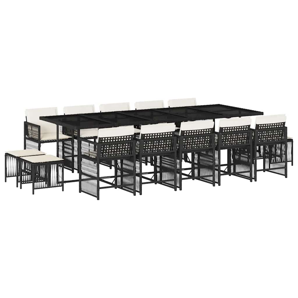 15 részes fekete polyrattan kerti étkezőgarnitúra párnákkal