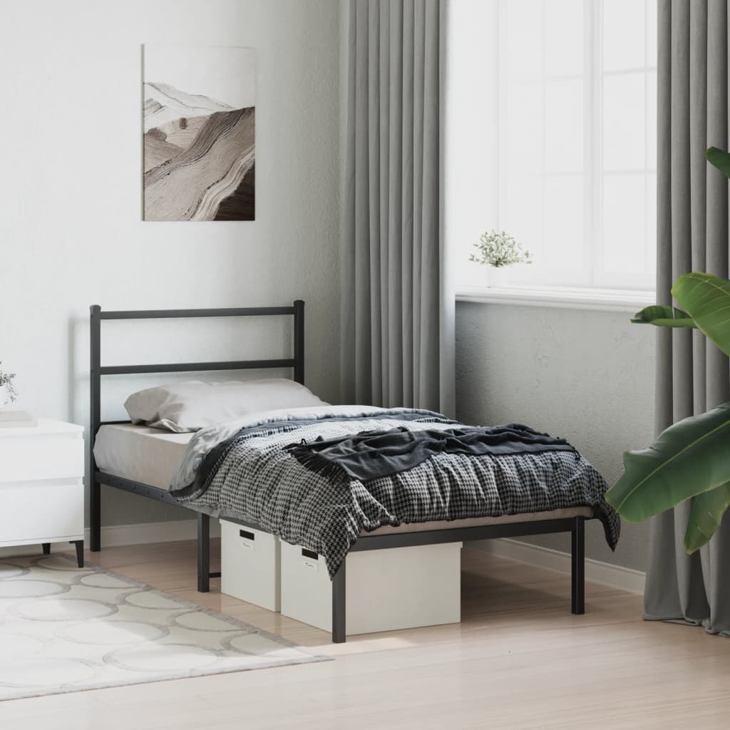 fekete fém ágykeret fejtámlával 90 x 190 cm