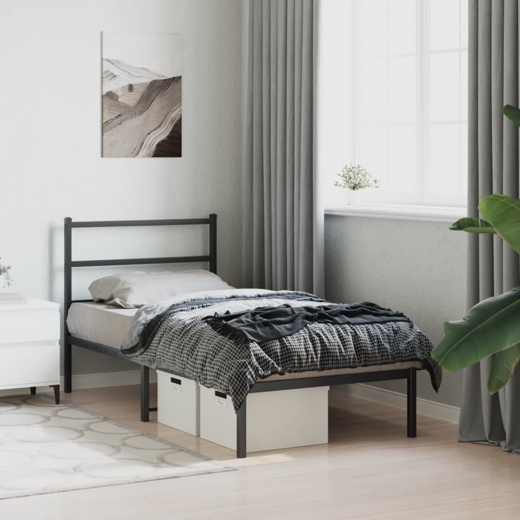 fekete fém ágykeret fejtámlával 90 x 200 cm